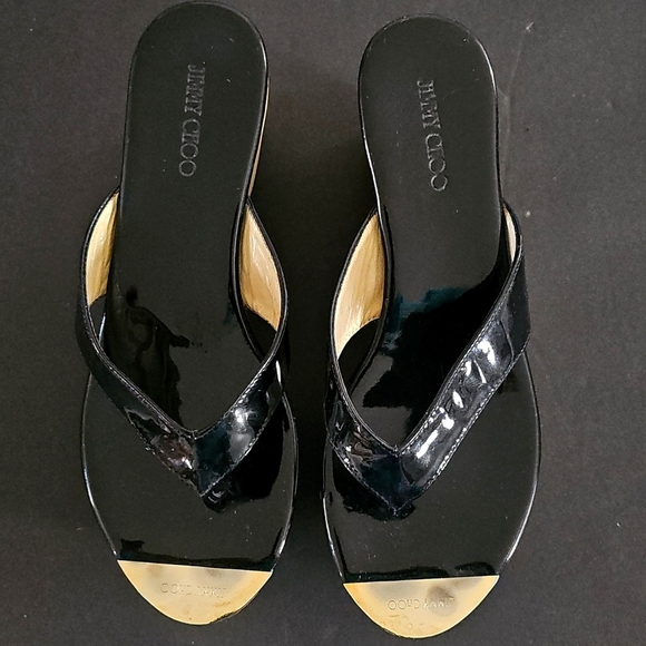 Jimmy Choo Blk Patent Leather Slides Crossover Straps Cork Wedge Sandals Sz38.5 - Picture 1 of 10